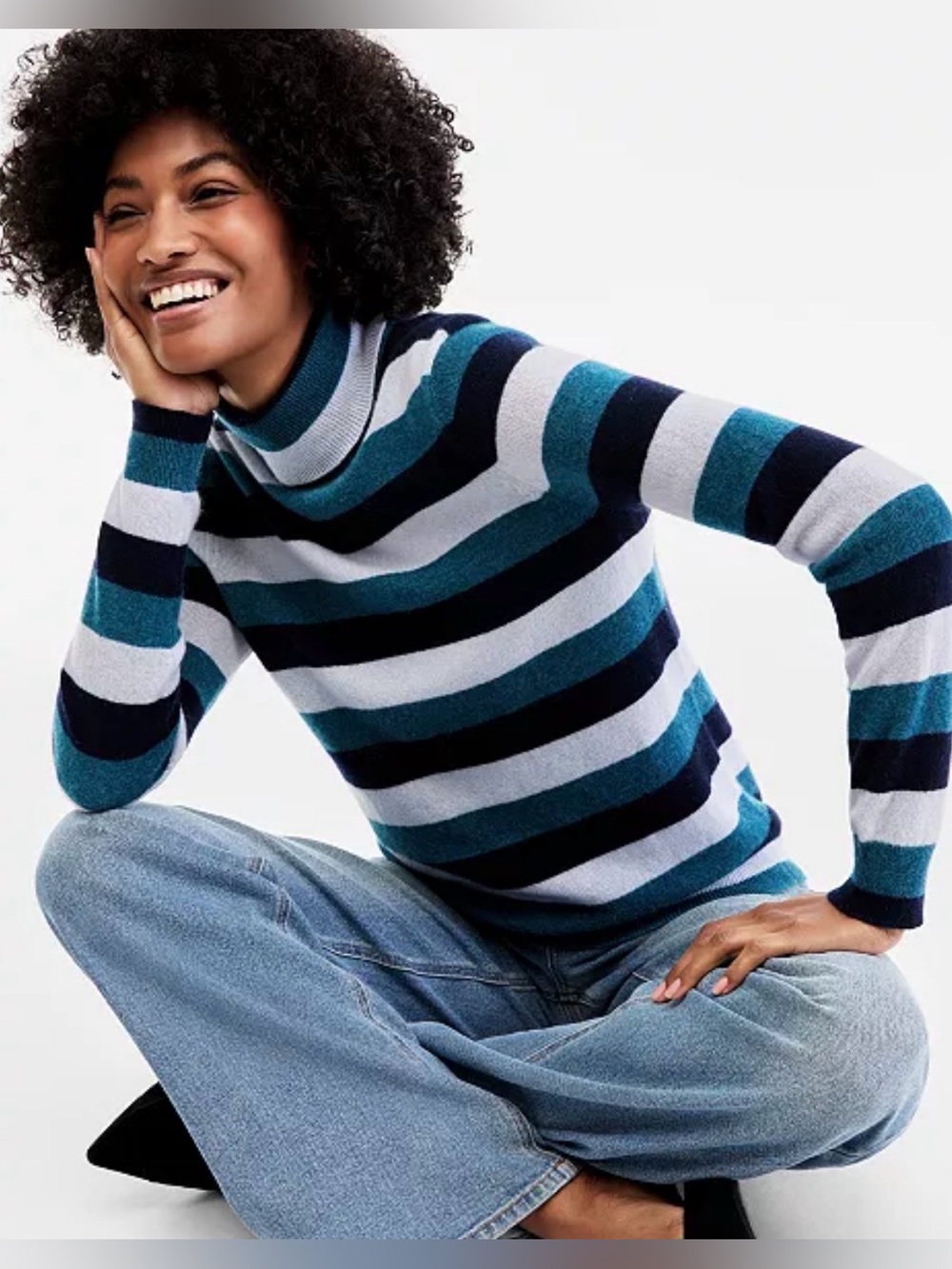 NWT Charter Club Luxury Womens 100% Cashmere Turtleneck Sweater Striped Blue M